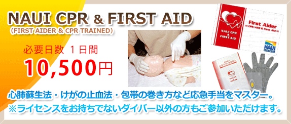NAUI CPR＆ファーストエイド　必要日数１日間。１０,５００円